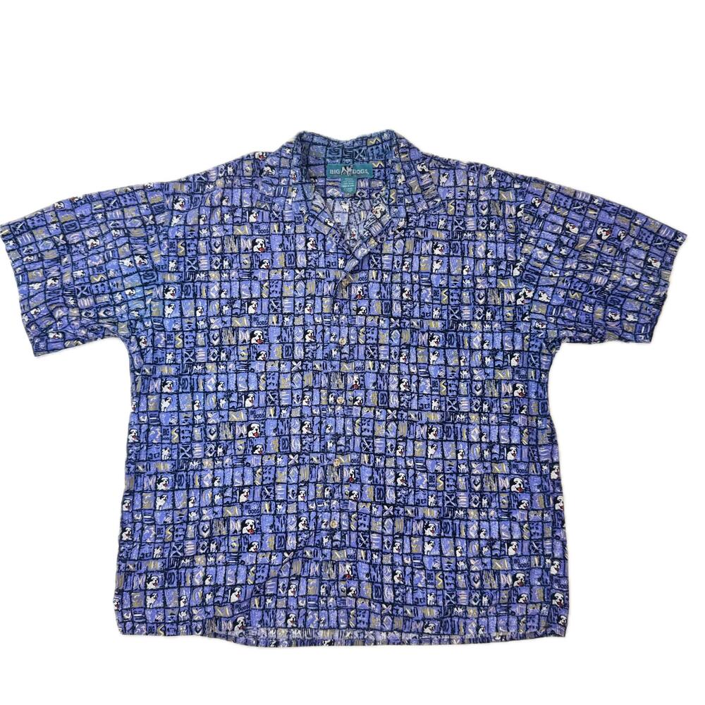 Big Dogs Blue Graphic Hawaiian Shirt Men's XL Cotton Y2K Novelty Camp Collar Vtg - Picture 2 of 13